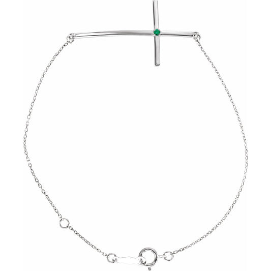 14K White Gold Natural Emerald Sideways Cross 7-8" Bracelet
