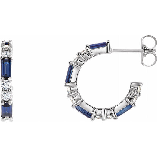 14K White Gold Natural Blue Sapphire & 1/2 CTW Natural Diamond Hoop Earrings
