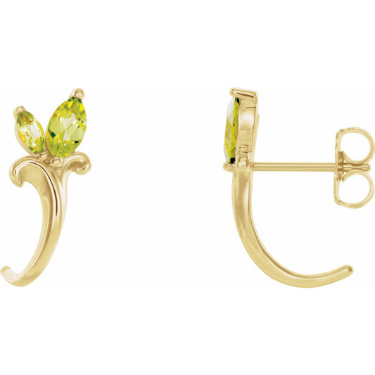 14K Yellow Gold Natural Peridot Floral J-Hoop Earrings
