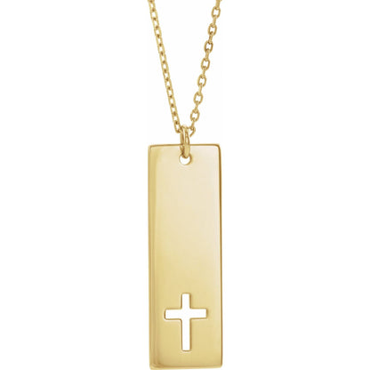 14K Yellow Gold Engravable Pierced Cross Bar 16-18" Necklace, 18 x 7.9 mm