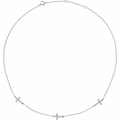14K White Gold 1/4 CTW Natural Diamond 3-Station Cross 16-18” Necklace