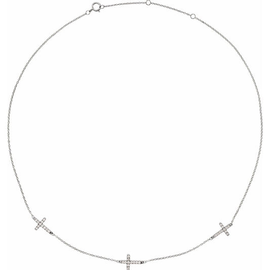 14K White Gold 1/4 CTW Natural Diamond 3-Station Cross 16-18” Necklace