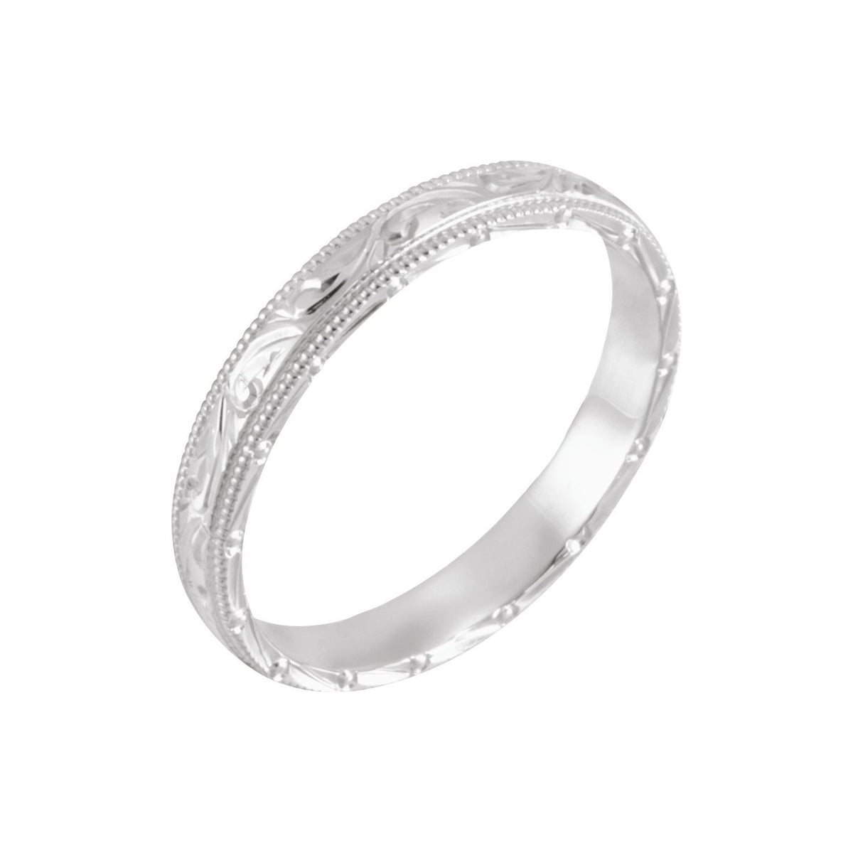 14K White Gold Hand-Engraved Milgrain Stepped-Edge Sculptural Half Round Band