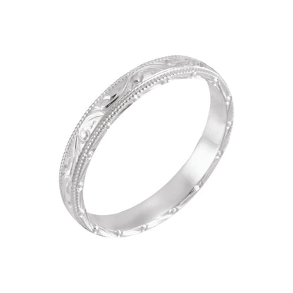 14K White Gold Hand-Engraved Milgrain Stepped-Edge Sculptural Half Round Band