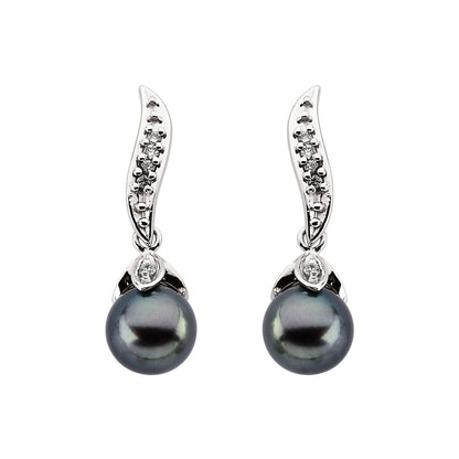 14K White Gold Cultured Black Akoya Pearl & 1/10 CTW Natural Diamond Earrings