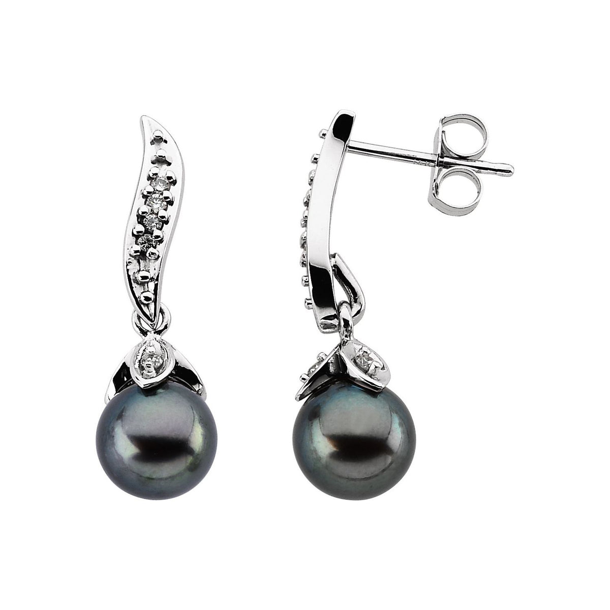 14K White Gold Cultured Black Akoya Pearl & 1/10 CTW Natural Diamond Earrings