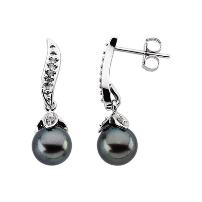 14K White Gold Cultured Black Akoya Pearl & 1/10 CTW Natural Diamond Earrings