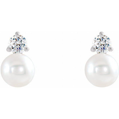 14K White Gold Cultured White Freshwater Pearl & 1/5 CTW Natural Diamond Earrings
