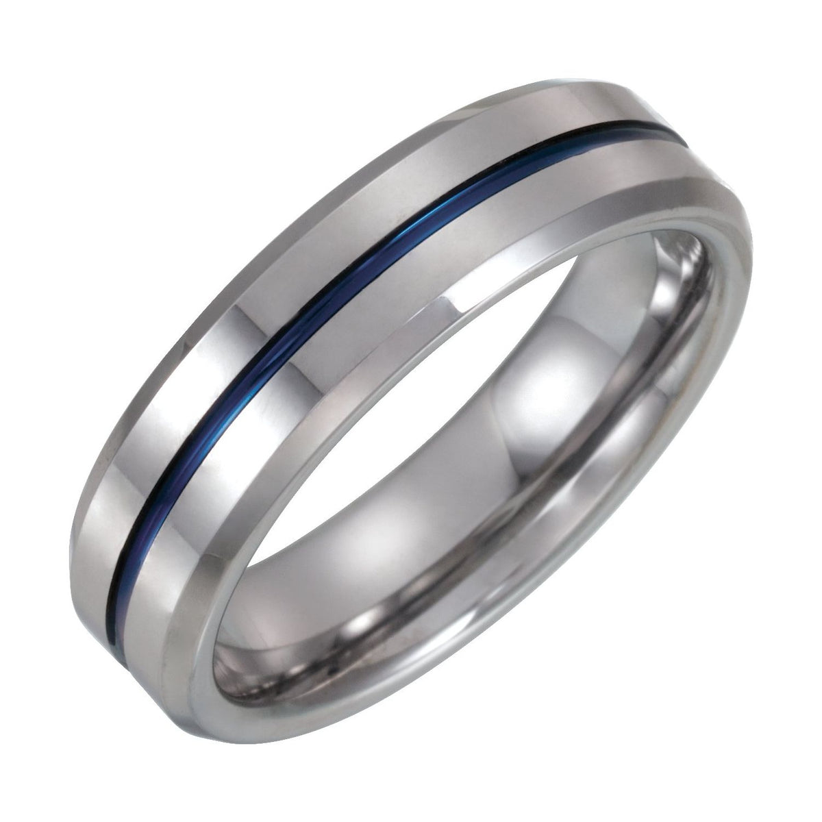 Tungsten & Blue Enamel Inlay Grooved Comfort-Fit Flat Band