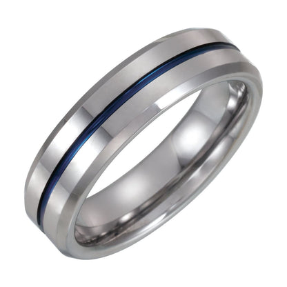 Tungsten & Blue Enamel Inlay Grooved Comfort-Fit Flat Band