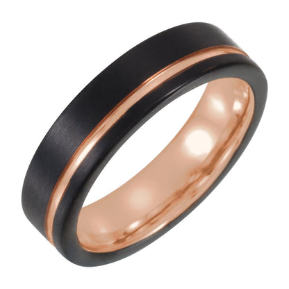 Black & 18K Rose Gold PVD Tungsten Grooved Comfort-Fit Band, 6 mm, Style 2