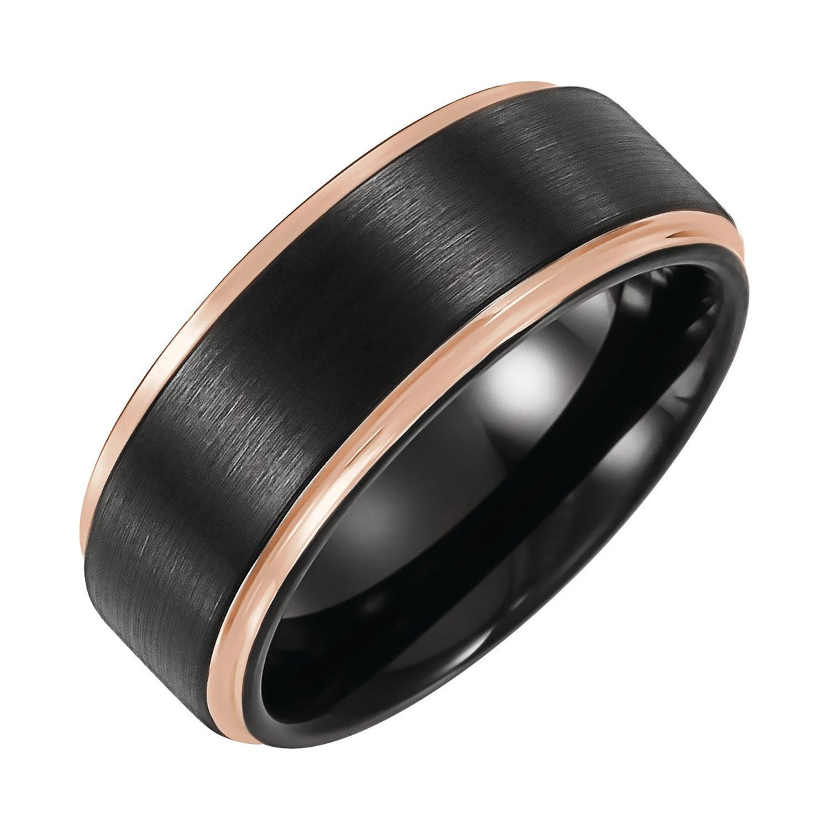 18K Rose Gold PVD & Black PVD Tungsten Stepped-Edge Comfort-Fit Flat Band, 8 mm, Style 2