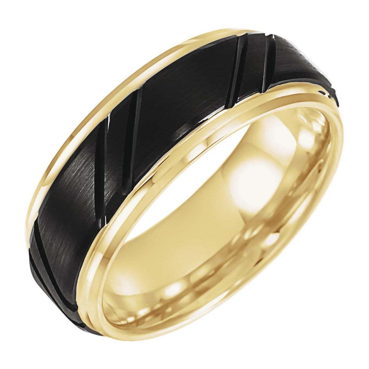 18K Yellow Gold-Plated & Black PVD Tungsten Stepped-Edge Grooved Comfort-Fit Band, 8 mm, Diagonal Flat