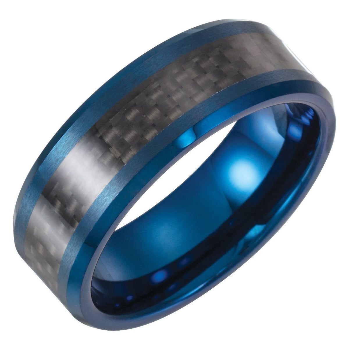 Blue Enameled Tungsten Beveled-Edge Carbon Fiber Inlay Comfort-Fit Band