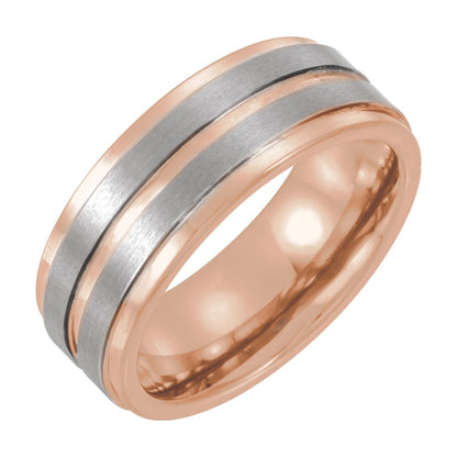 18K Rose Gold PVD Tungsten Grooved Comfort-Fit Band, 8 mm