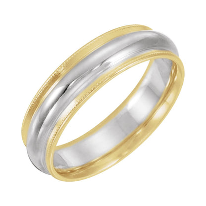 18K Yellow Gold & Platinum & 18K Yellow Gold Milgrain Stepped-Edge Comfort-Fit Half Round Band