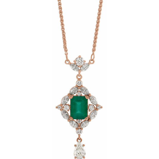 14K Rose Gold Natural Emerald & 1 1/4 CTW Natural Diamond 16" Necklace