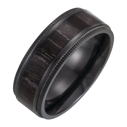 Black Titanium Coin-Edge Oak Wood Inlay Comfort-Fit Band