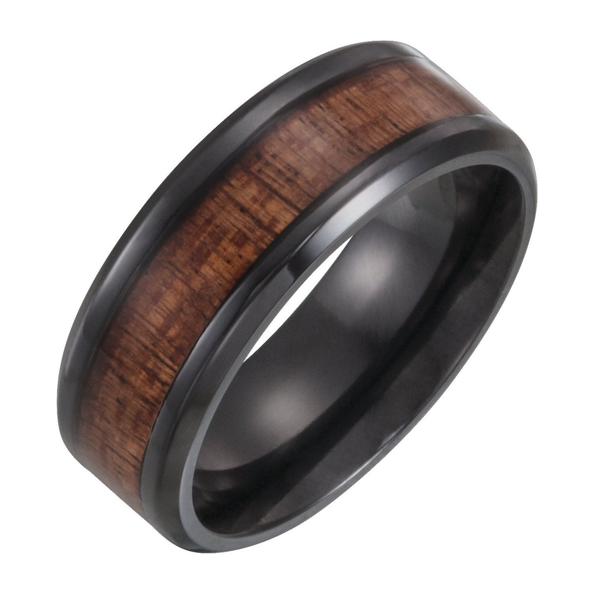 Black Titanium Beveled-Edge Hawaiian Koa Wood Inlay Comfort-Fit Band, 8 mm