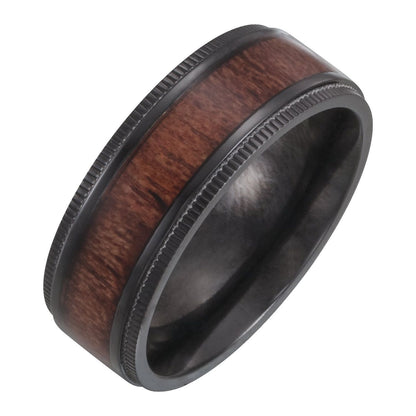 Black Titanium Beveled-Edge Teak Wood Inlay Comfort-Fit Band, 8 mm, Style 2