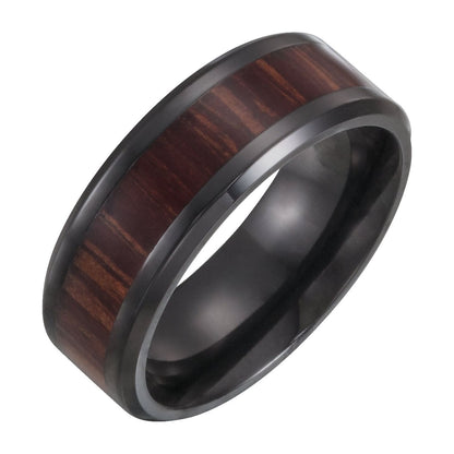 Black Titanium Beveled-Edge Wood Inlay Comfort-Fit Band