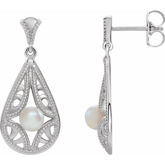 14K White Gold Cultured White Freshwater Pearl Vintage-Inspired Earrings