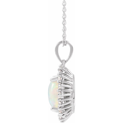 14K White Gold Natural White Opal & 1/3 CTW Natural Diamond Halo-Style 16-18" Necklace