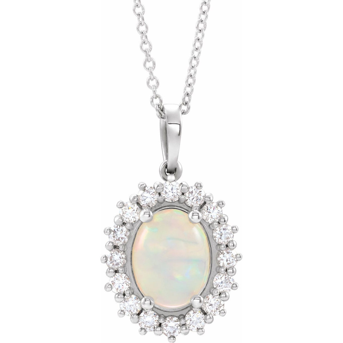 14K White Gold Natural White Opal & 1/3 CTW Natural Diamond Halo-Style 16-18" Necklace