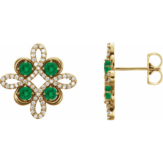 14K Yellow Gold Natural Emerald & 1/4 CTW Natural Diamond Earrings