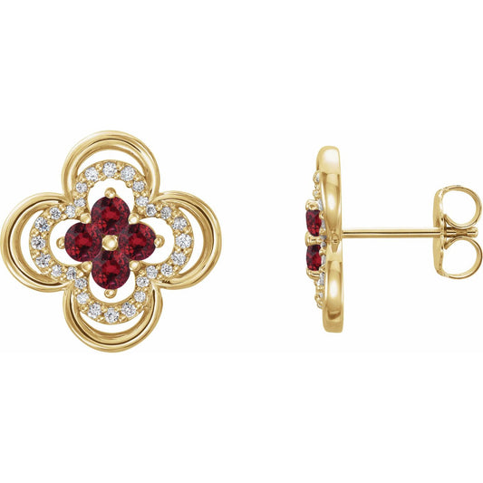 14K Yellow Gold Natural Ruby & 1/5 CTW Natural Diamond Clover Earrings