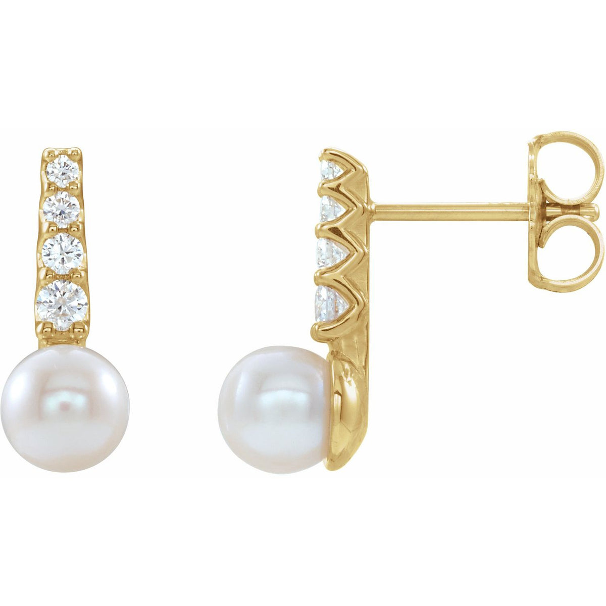 14K Yellow Gold Cultured White Freshwater Pearl & 1/6 CTW Natural Diamond Earrings