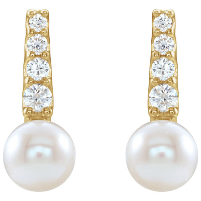 14K Yellow Gold Cultured White Freshwater Pearl & 1/6 CTW Natural Diamond Earrings