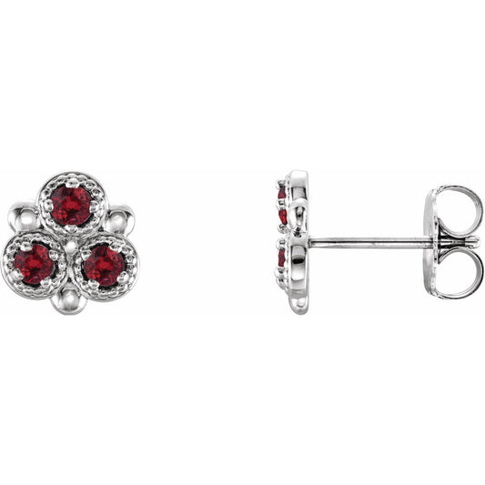 14K White Gold Natural Ruby Three-Stone Earrings