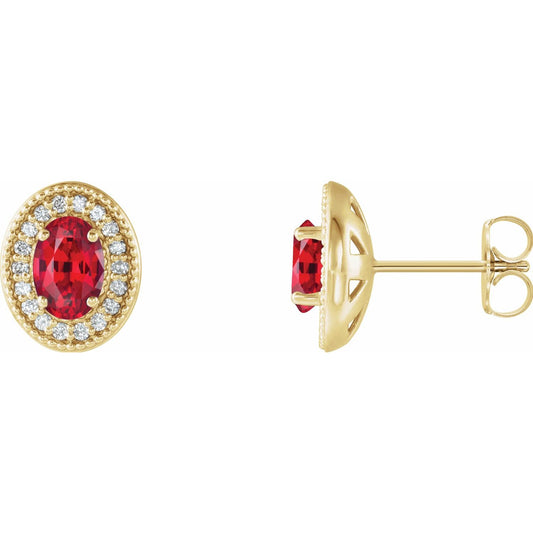 14K Yellow Gold 7x5 mm Natural Ruby 1/6 CTW Natural Diamond Halo-Style Earrings