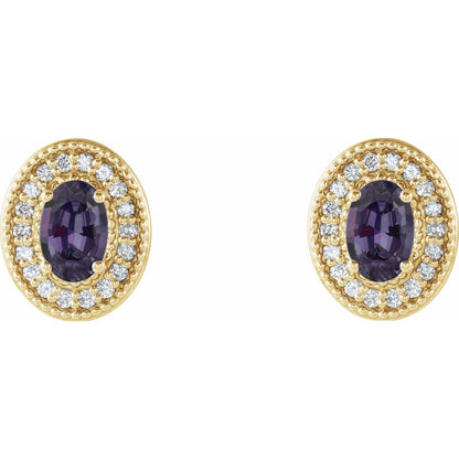 14K Yellow Gold 7x5 mm Lab-Grown Alexandrite & 1/6 CTW Natural Diamond Halo-Style Earrings