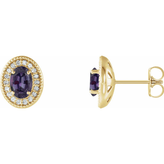 14K Yellow Gold 7x5 mm Lab-Grown Alexandrite & 1/6 CTW Natural Diamond Halo-Style Earrings