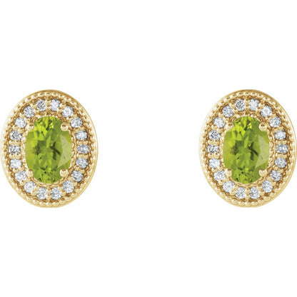 14K Yellow Gold 6x4 mm Natural Peridot & 1/5 CTW Natural Diamond Halo-Style Earrings