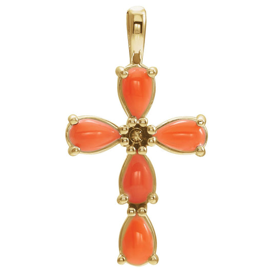 14K Yellow Gold Natural Pink Coral Cabochon Cross Pendant