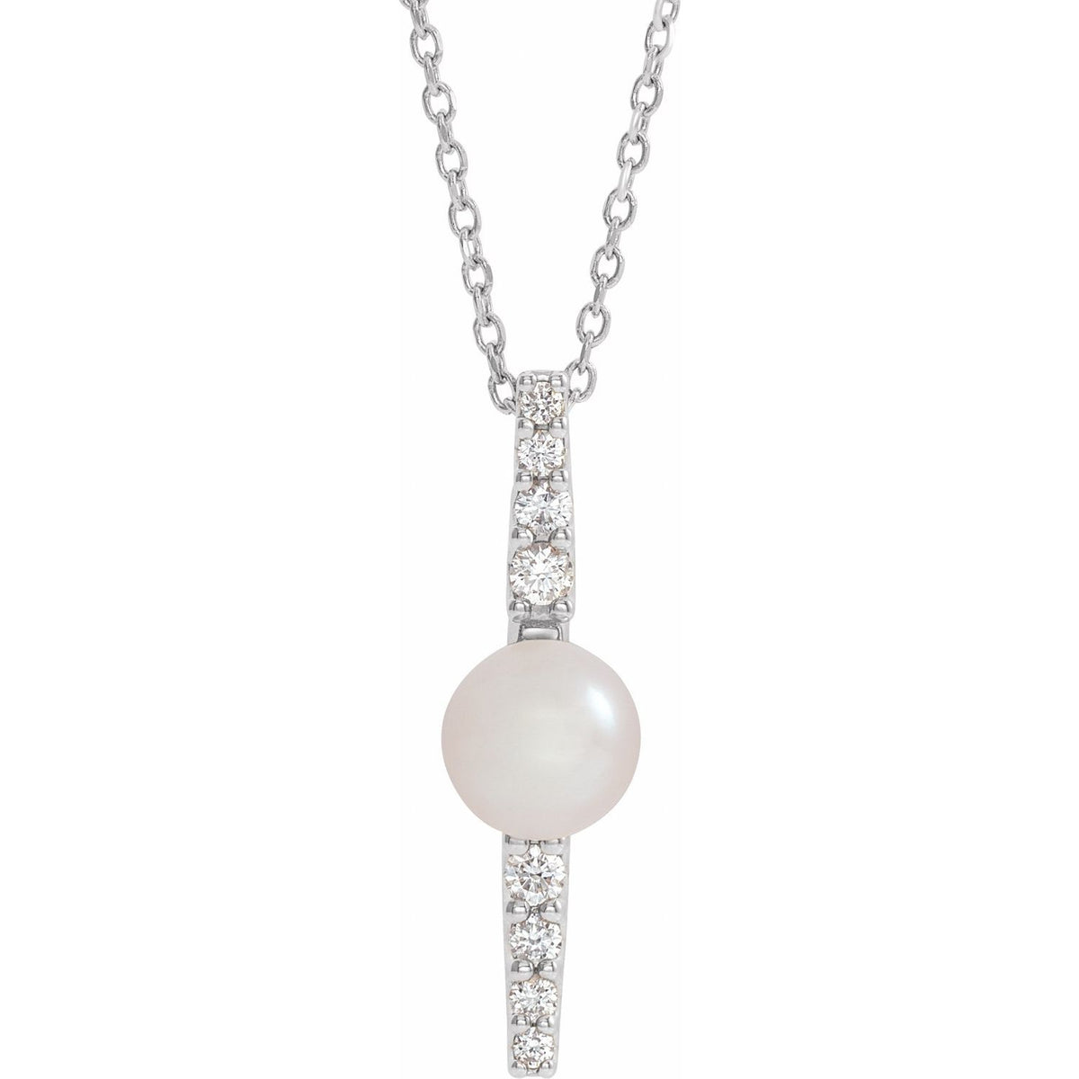 14K White Gold Cultured White Freshwater Pearl & 1/6 CTW Natural Diamond 16-18" Necklace, 22.28 x 5.77 mm
