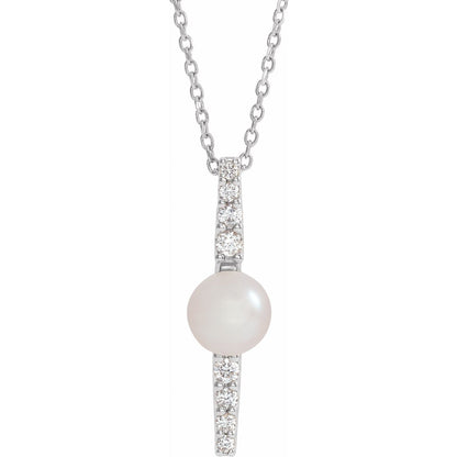 14K White Gold Cultured White Freshwater Pearl & 1/6 CTW Natural Diamond 16-18" Necklace, 22.28 x 5.77 mm