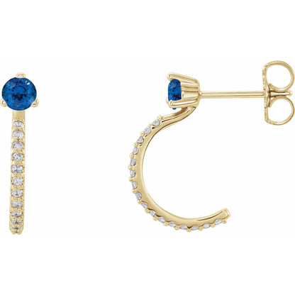 14K Yellow Gold Natural Blue Sapphire & 1/8 CTW Natural Diamond J-Hoop Earrings