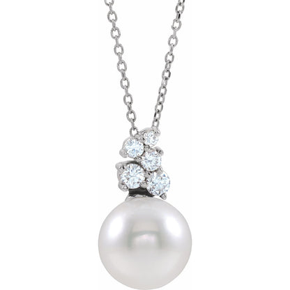 14K White Gold Cultured White Freshwater Pearl & 1/4 CTW Natural Diamond 16-18" Necklace