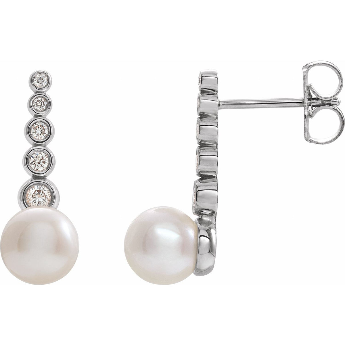 14K White Gold Cultured White Freshwater Pearl & 1/8 CTW Natural Diamond Earrings