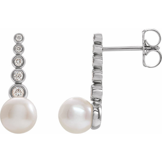 14K White Gold Cultured White Freshwater Pearl & 1/8 CTW Natural Diamond Earrings