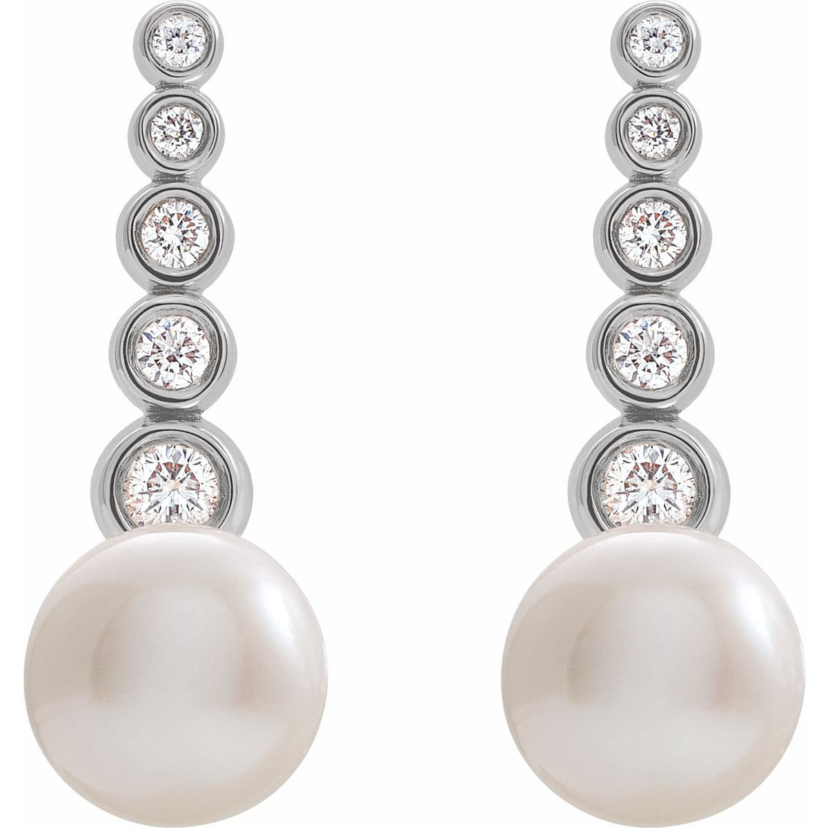 14K White Gold Cultured White Freshwater Pearl & 1/8 CTW Natural Diamond Earrings