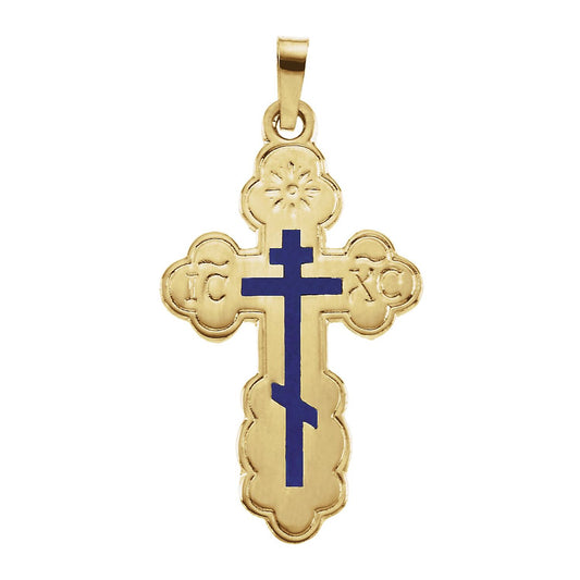 14K Yellow Gold 26x17 mm Blue Enamel Orthodox Cross Pendant