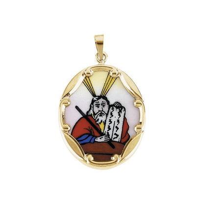 14K Yellow Gold 25x19. Moses Hand-Painted Porcelain Medal