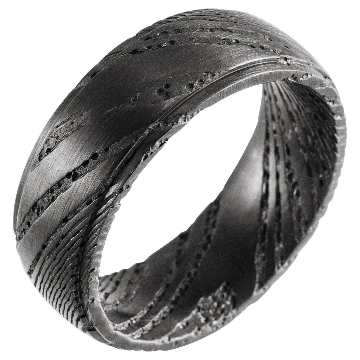 Black Damascus Steel Stepped-Edge Comfort-Fit Flat Band