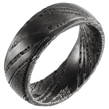 Black Damascus Steel Stepped-Edge Comfort-Fit Flat Band