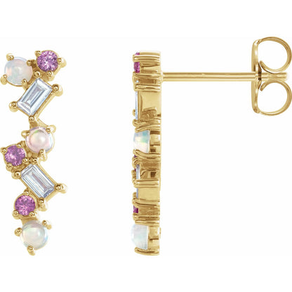 14K Yellow Gold Natural Ethiopian Opal, Natural Pink Sapphire & 1/10 CTW Natural Diamond Scattered Bar Earrings